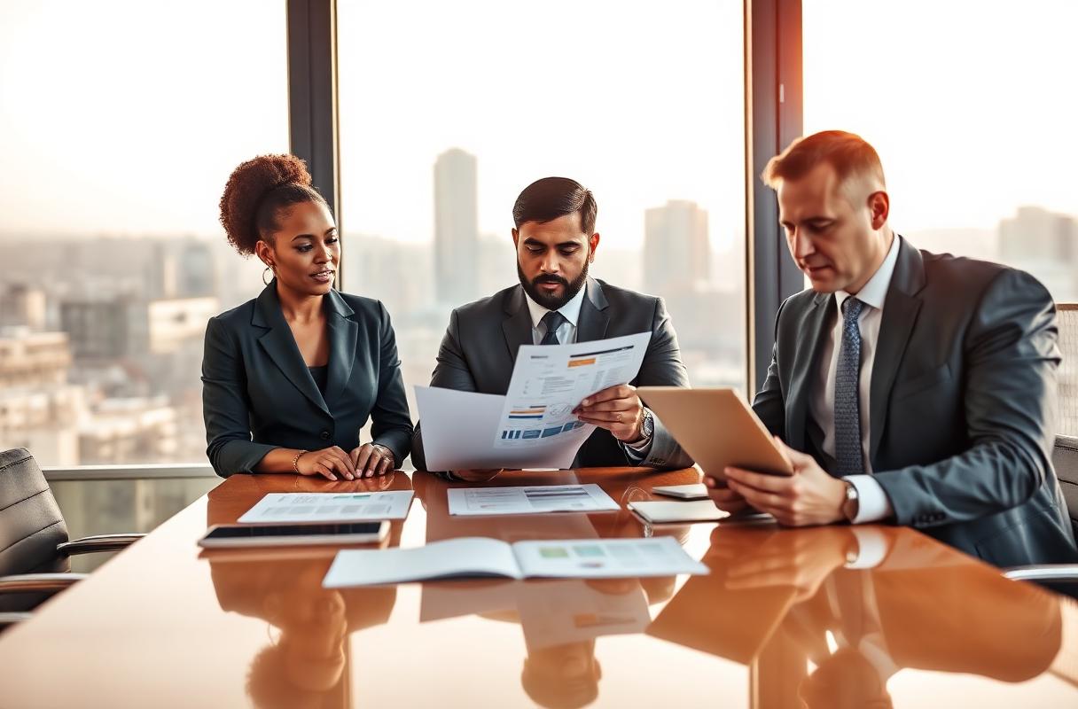 Black, Indian and White South African advisors collaborating in a Sandton boardroom
